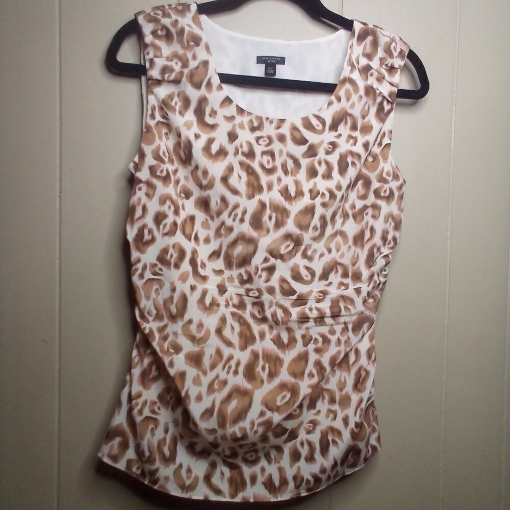Ann Taylor Blouse 8P 8 Petite Sleeveless Silk Blend Animal Print Brown Tan